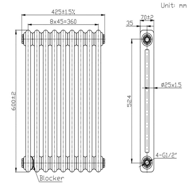 White Horizontal 2 Column Traditional Radiator 600 x 425mm - Nambi