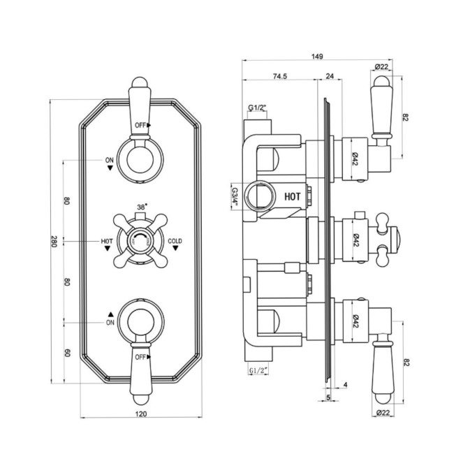 Chrome Traditional 2 Outlet Concealed Thermostatic Concealed Shower Valve with Triple Control - Cambridge