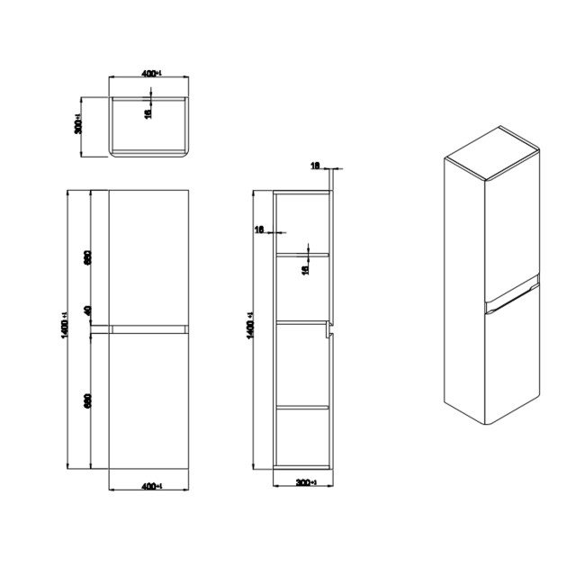 Double Door Dark Grey Wall Hung Tall Bathroom Cabinet 400 x 1400mm - Pendle