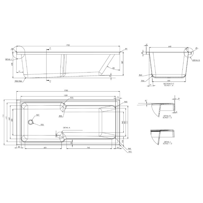 Single Ended Shower Bath with Front Panel & Black Bath Screen 1700 x 750mm - Cotswold