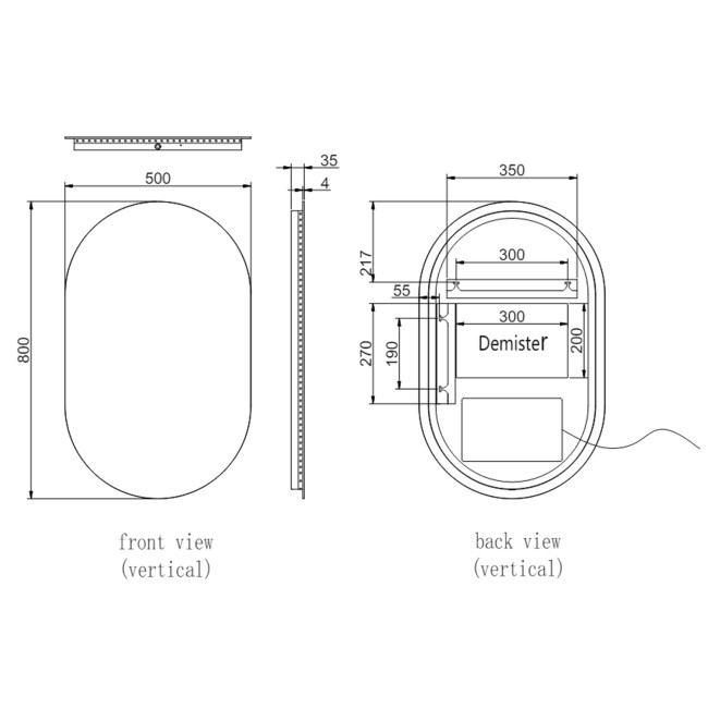 Oval Backlit Heated Bathroom Mirror with Lights 500 x 800mm - Irena