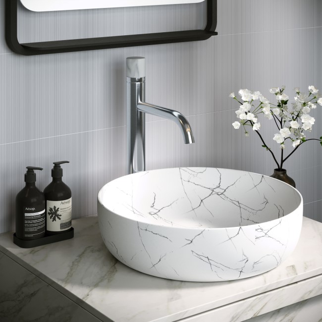 Marble Effect White Round Countertop Basin 390mm - Lorano