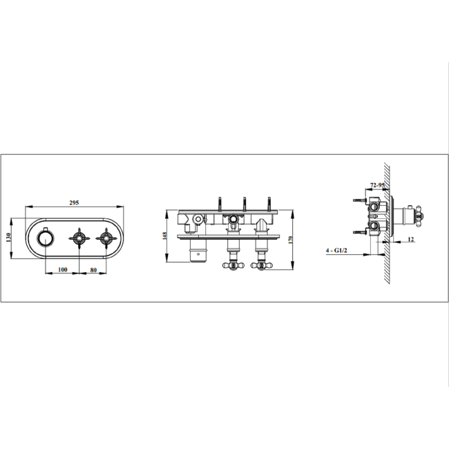 Chrome Traditional 2 Outlet Concealed Thermostatic Shower Valve with Triple Contol- Camden