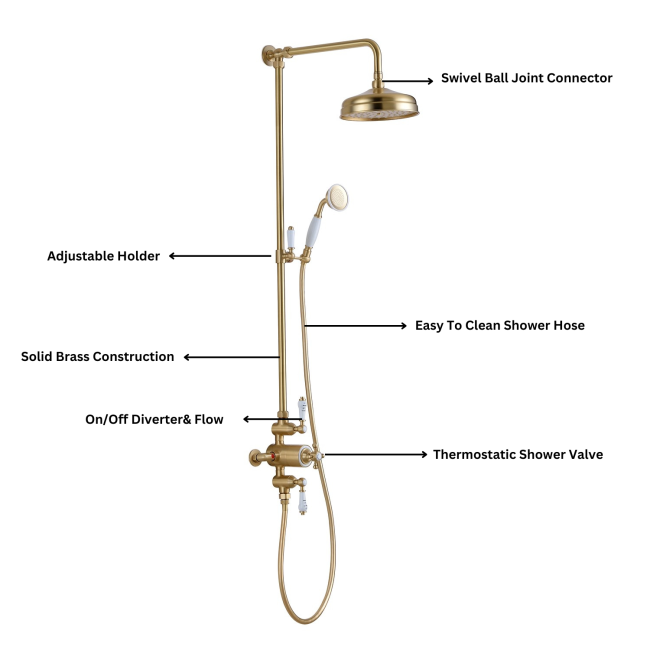 Brushed Brass Traditional Thermostatic Mixer Shower Set with Slide Rail Kit & Hand Shower - Camden