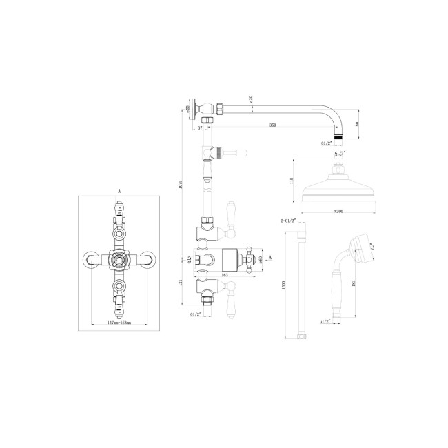 Brushed Brass Traditional Thermostatic Mixer Shower Set with Slide Rail Kit & Hand Shower - Camden