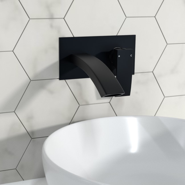 Wall Mounted Black Basin Mixer Tap - Wave