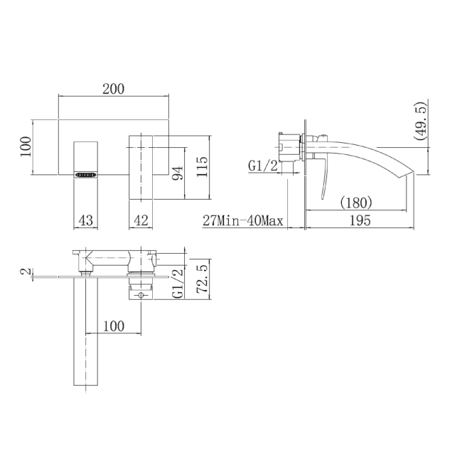 Wall Mounted Black Basin Mixer Tap - Wave