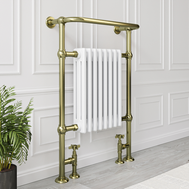 White and Brass Traditional Column Radiator with Towel Rail 952 x 659mm - Regent