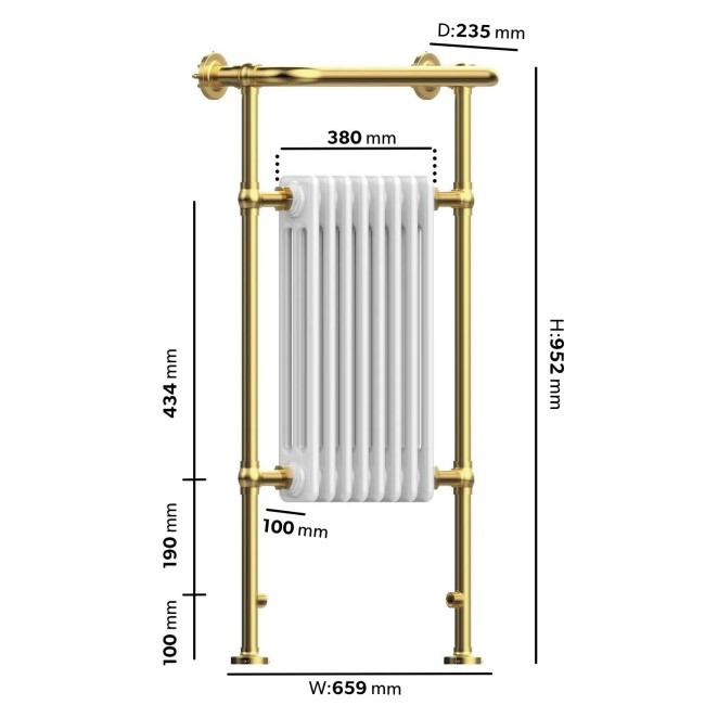 White and Brass Traditional Column Radiator with Towel Rail 952 x 659mm - Regent