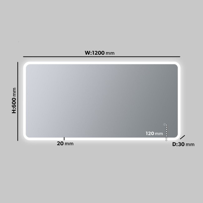 Rectangular Heated Bathroom Mirror with Lights 1200 x 600m -Ariel