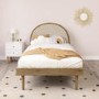 Kids Single Wooden Bed Frame with Beige Linen Headboard - Cara