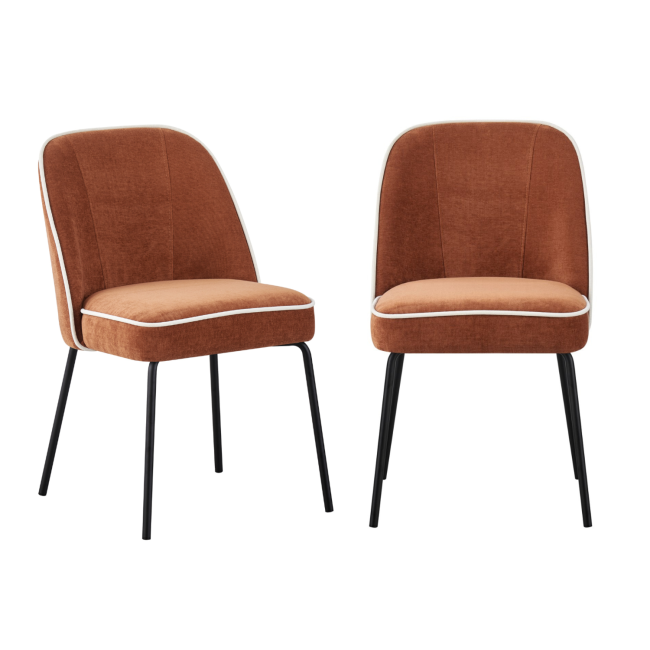 Set of 2 Burnt Orange Fabric Dining Chairs with Contrast Piped Detail - Celia