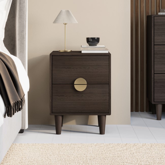 Dark Wood 2-Drawer Bedside Table with Gold Handles - Celeste