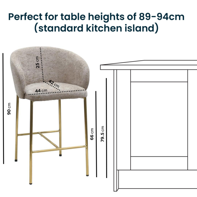 Mink Upholstered Kitchen Stool with Brass Legs and Back - Cora