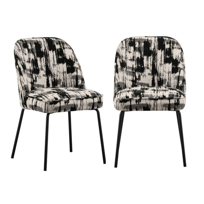 Set of 2 Cream and Black Jacquard Fabric Dining Chairs - Colette