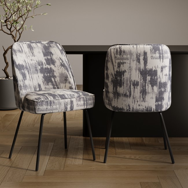 Set of 2 Cream and Grey Jacquard Fabric Dining Chairs - Colette