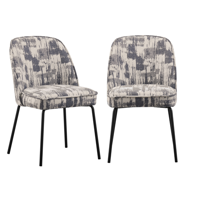 Set of 2 Cream and Grey Jacquard Fabric Dining Chairs - Colette