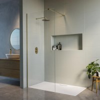 Walk In Shower 800mm Brushed Brass Frameless with Wall Support Bar - Corvus