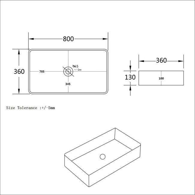 White Rectangular Countertop Basin 800mm - Corey