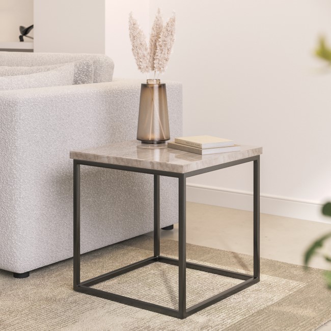 Square Beige Travertine Effect Side Table  - Demi