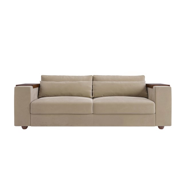 Beige Velvet 3 Seater Sofa with End Tables - Elias