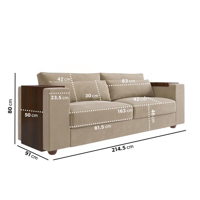 Beige Velvet 3 Seater Sofa with End Tables - Elias