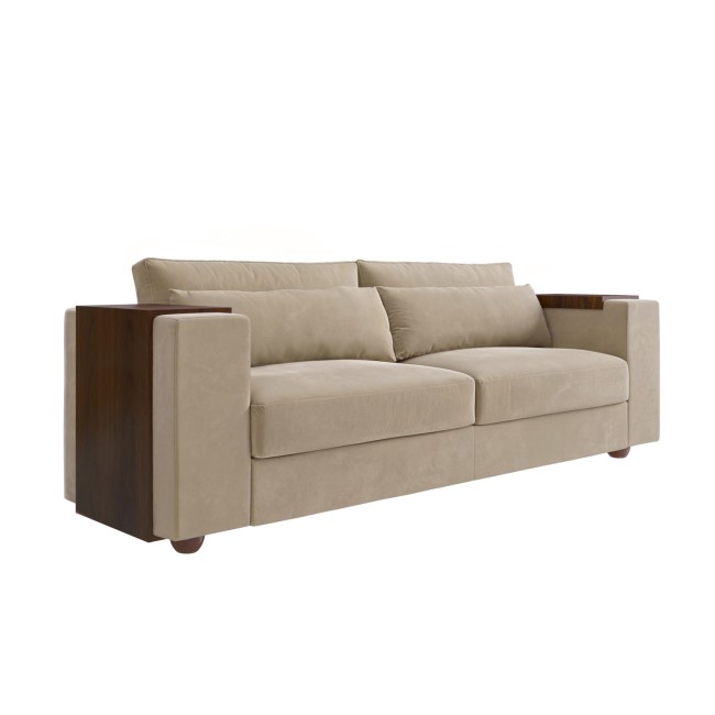 Beige Velvet 3 Seater Sofa with End Tables - Elias