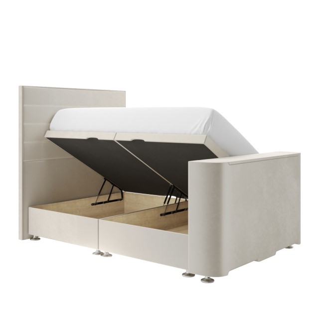 Double TV Ottoman Bed in Cream Velvet with Stripe Headboard - Eden