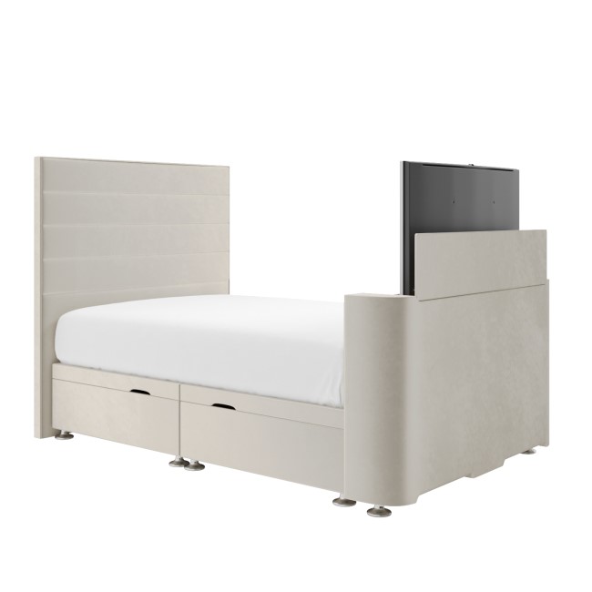 Double TV Ottoman Bed in Cream Velvet with Stripe Headboard - Eden