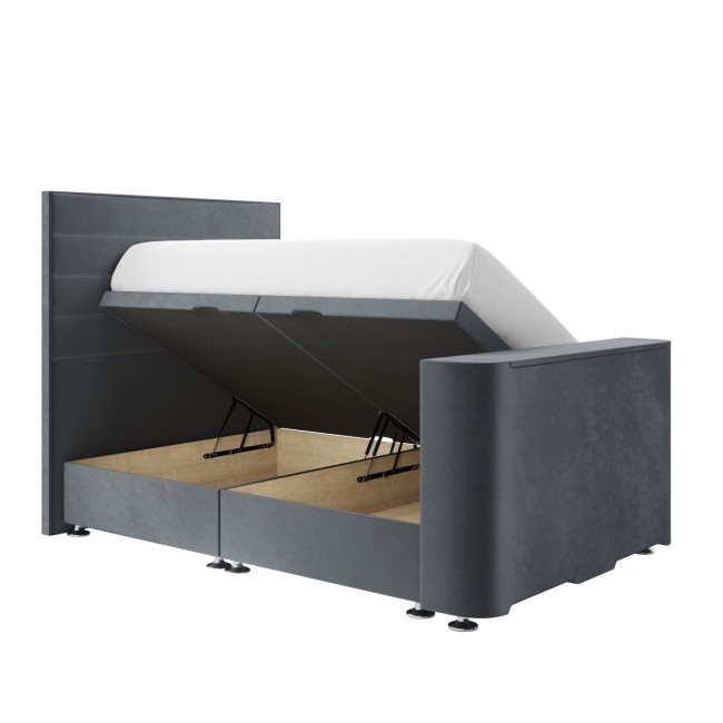 Super King TV Ottoman Bed in Grey Velvet with Stripe Headboard - Eden