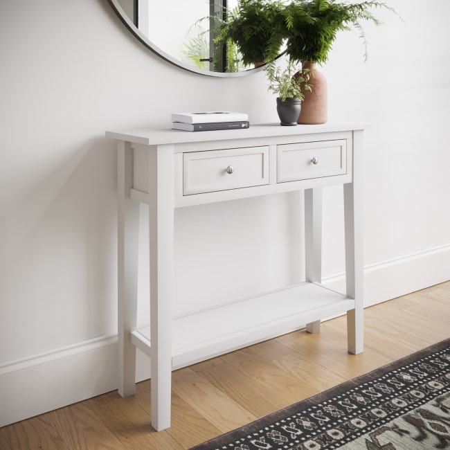 Small Narrow White Wood Console Table with Drawers - Elms