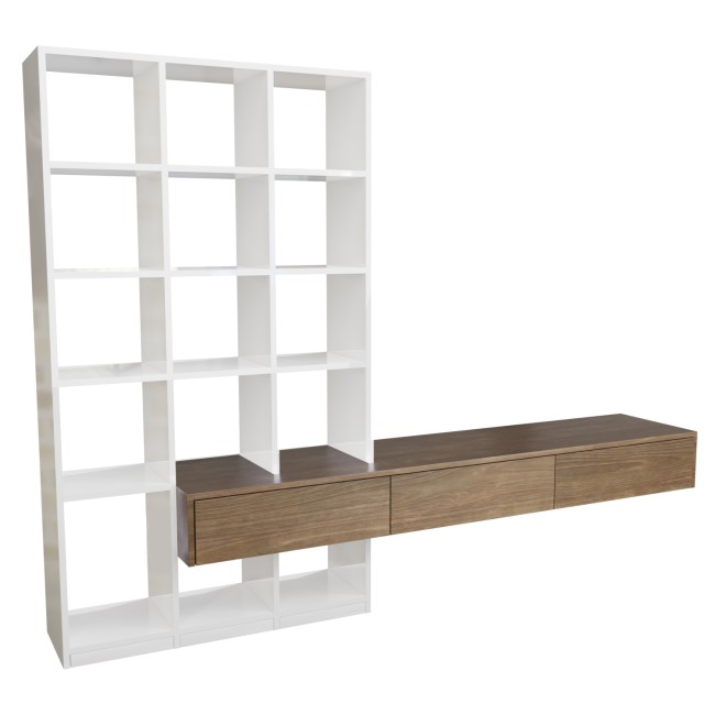 Dark Oak and White Gloss Wall Hung Bookcase with Open Shelving and Drawers - Everett