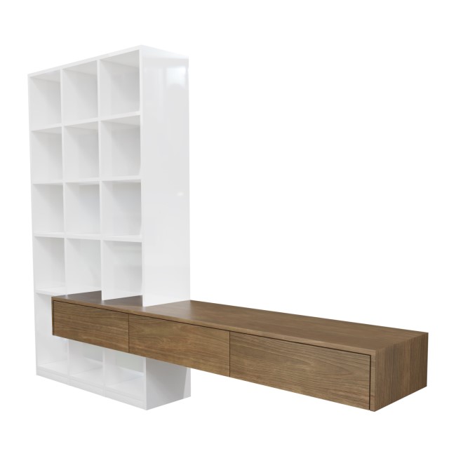 Dark Oak and White Gloss Wall Hung Bookcase with Open Shelving and Drawers - Everett