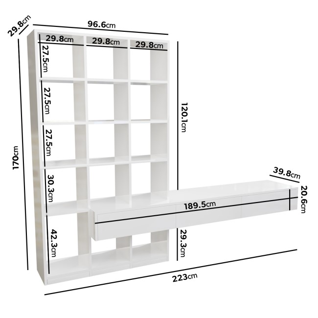 White Gloss Wall Hung Bookcase with Open Shelving and Drawers - Everett