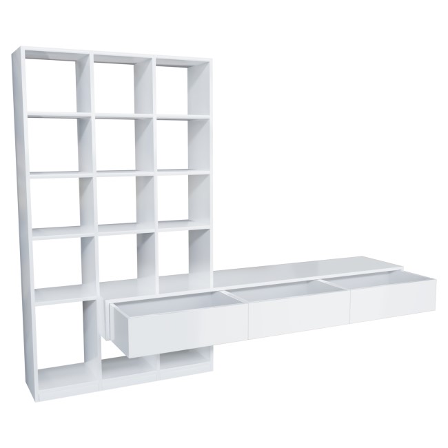 White Gloss Wall Hung Bookcase with Open Shelving and Drawers - Everett