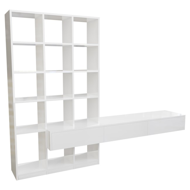 White Gloss Wall Hung Bookcase with Open Shelving and Drawers - Everett