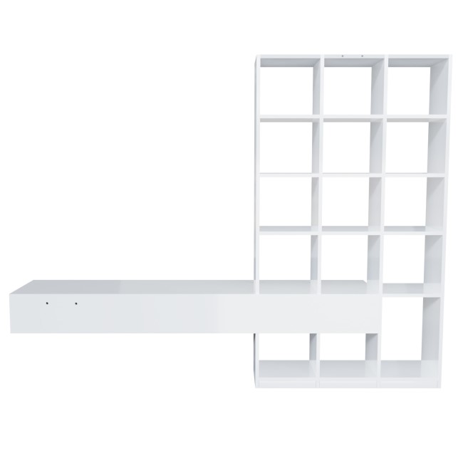 White Gloss Wall Hung Bookcase with Open Shelving and Drawers - Everett