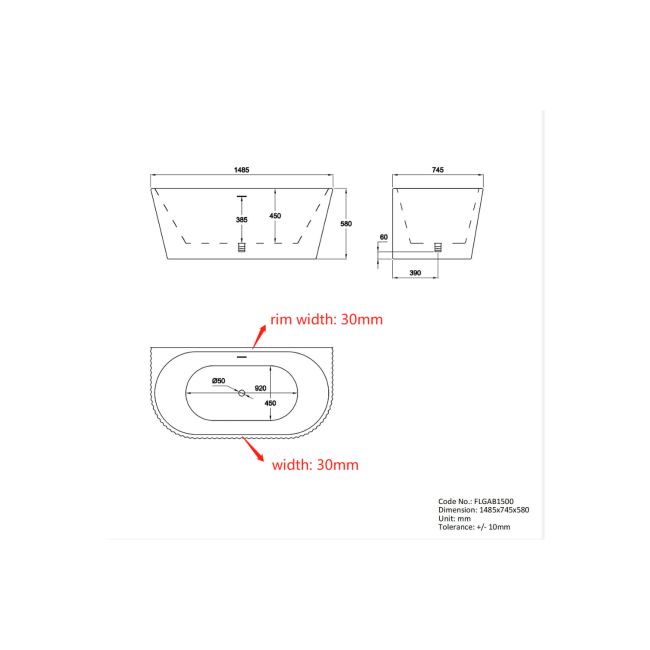 Freestanding Fluted Double Ended Back To Wall Bath 1500 x 745mm - Gable