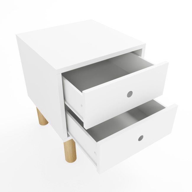 Kids White Scandi 2 Drawer Bedside Table with Wooden Legs - Juni