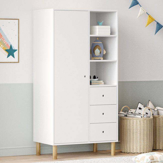 Kids White Scandi Wardrobe with Drawers and Shelves - Juni