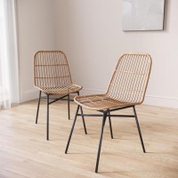 Set of 2 Brown Rattan Dining Chairs with Black Legs - Fion