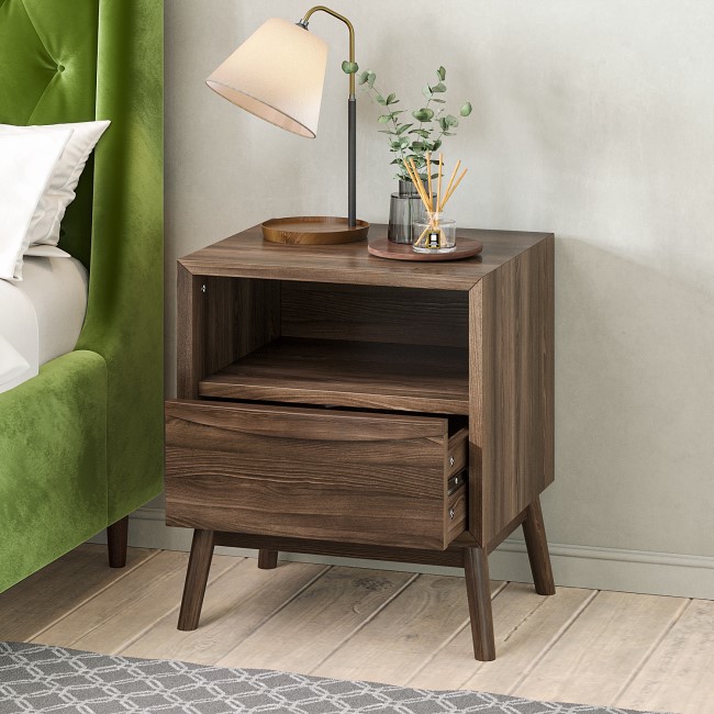 Walnut Mid-Century Bedside Table with Drawer - Frances