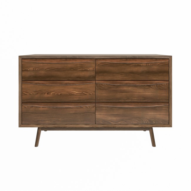 Wide Walnut Mid-Century Chest of 6 Drawers with Legs - Frances