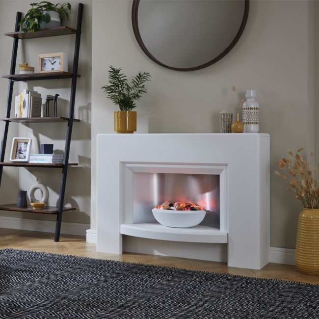 Suncrest Stockeld Electric Fireplace Suite in White with Glowing Pebble Bowl