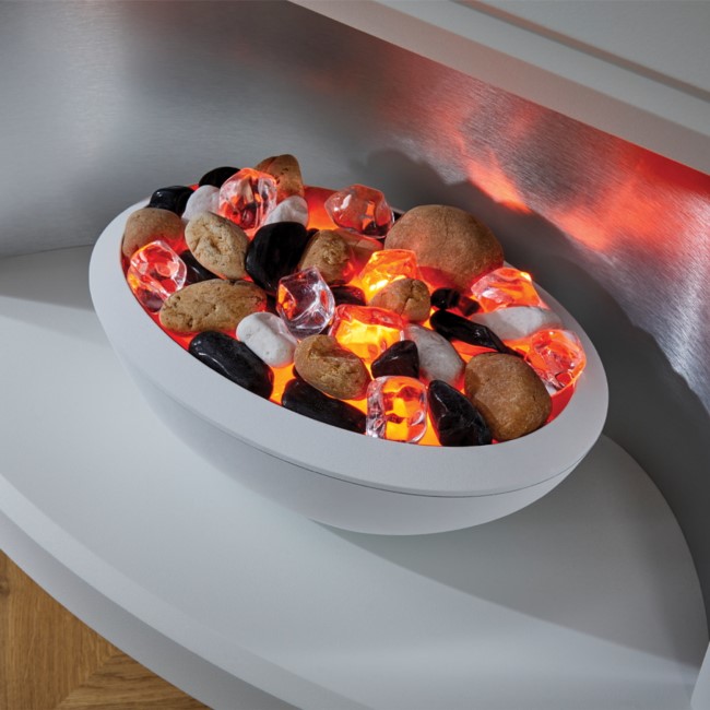 Suncrest Stockeld Electric Fireplace Suite in White with Glowing Pebble Bowl