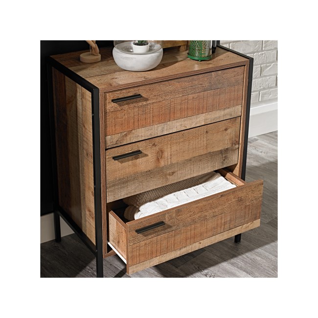 Rustic Oak Industrial Chest of 3 Drawers with Legs - Hoxton - LPD