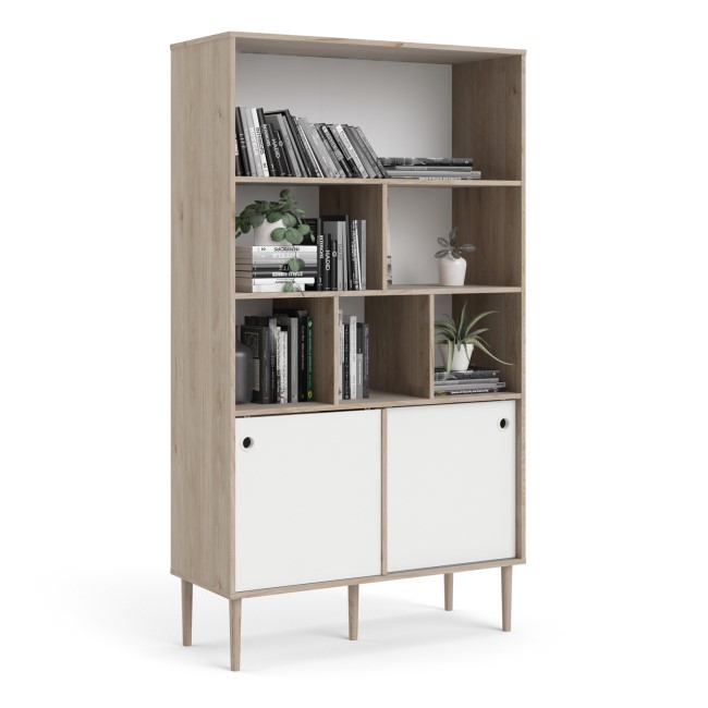 Tall White and Oak Bookcase with Sliding Doors - Rome