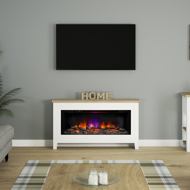 Be Modern Poulton White Freestanding Electric Fireplace Suite with Realistic Log Fuel Bed