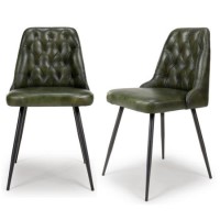 Set Of 2 Real Leather Green Dining Chair with Quilted Back - Jaxson