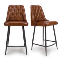 Set Of 2 Real Leather Tan Kitchen Stools with Quilted Back - Jaxson